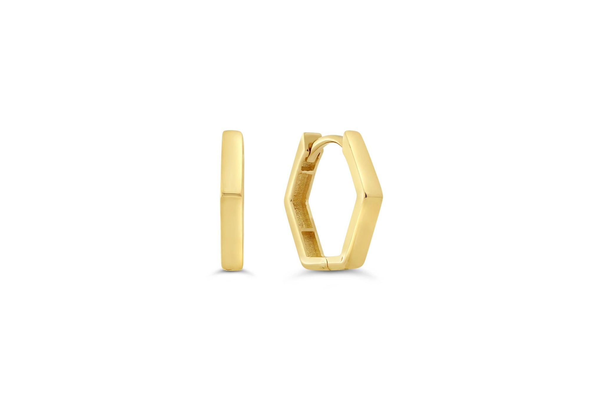 10K yellow gold huggie earrings with a distinct octagonal geometric shape, offering a modern and stylish addition to any jewelry collection from RUDIX JEWELLERY.