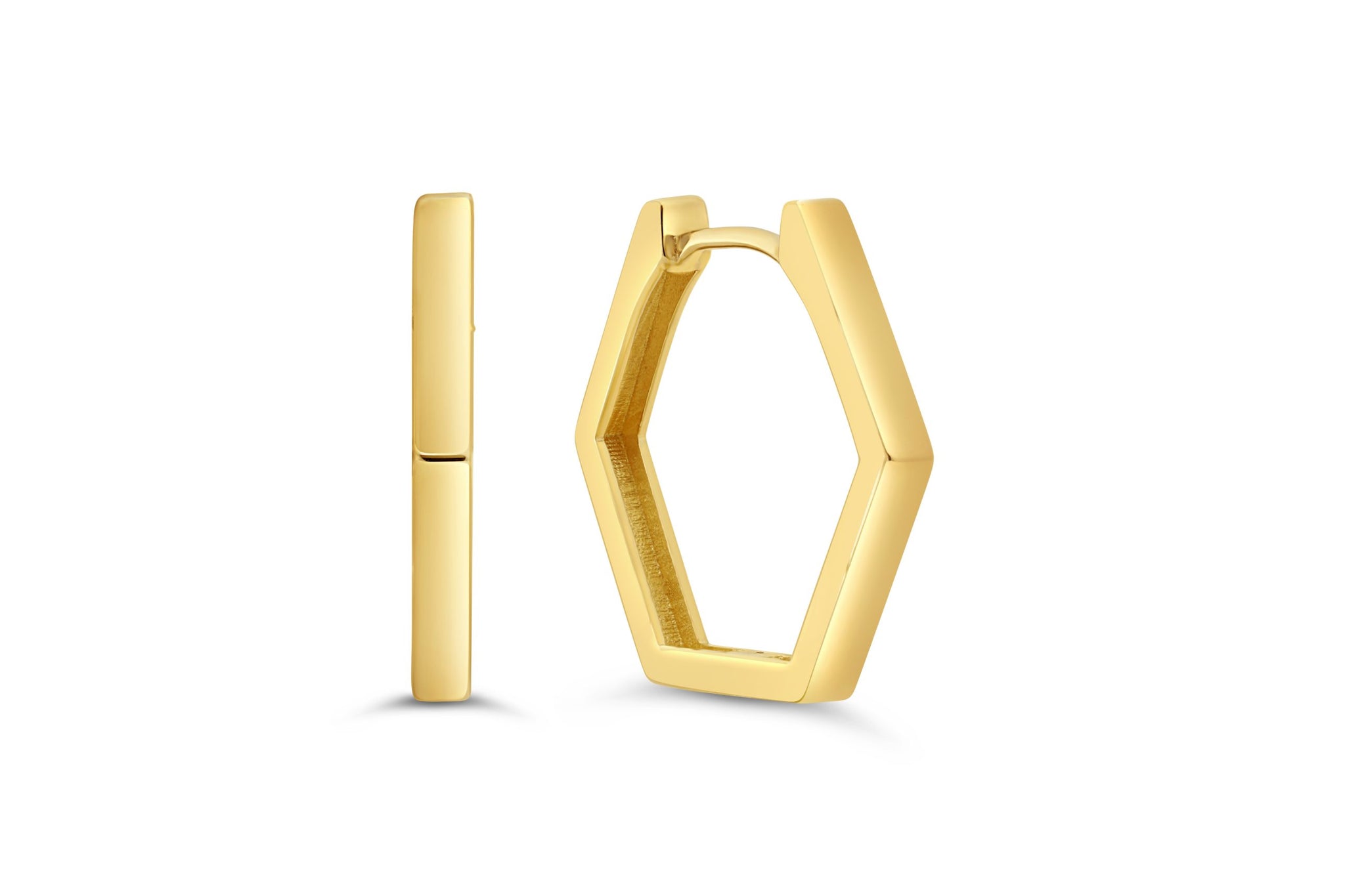10K yellow gold huggie earrings with a distinct octagonal geometric shape, offering a modern and stylish addition to any jewelry collection from RUDIX JEWELLERY.