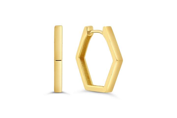 10K yellow gold huggie earrings with a distinct octagonal geometric shape, offering a modern and stylish addition to any jewelry collection from RUDIX JEWELLERY.