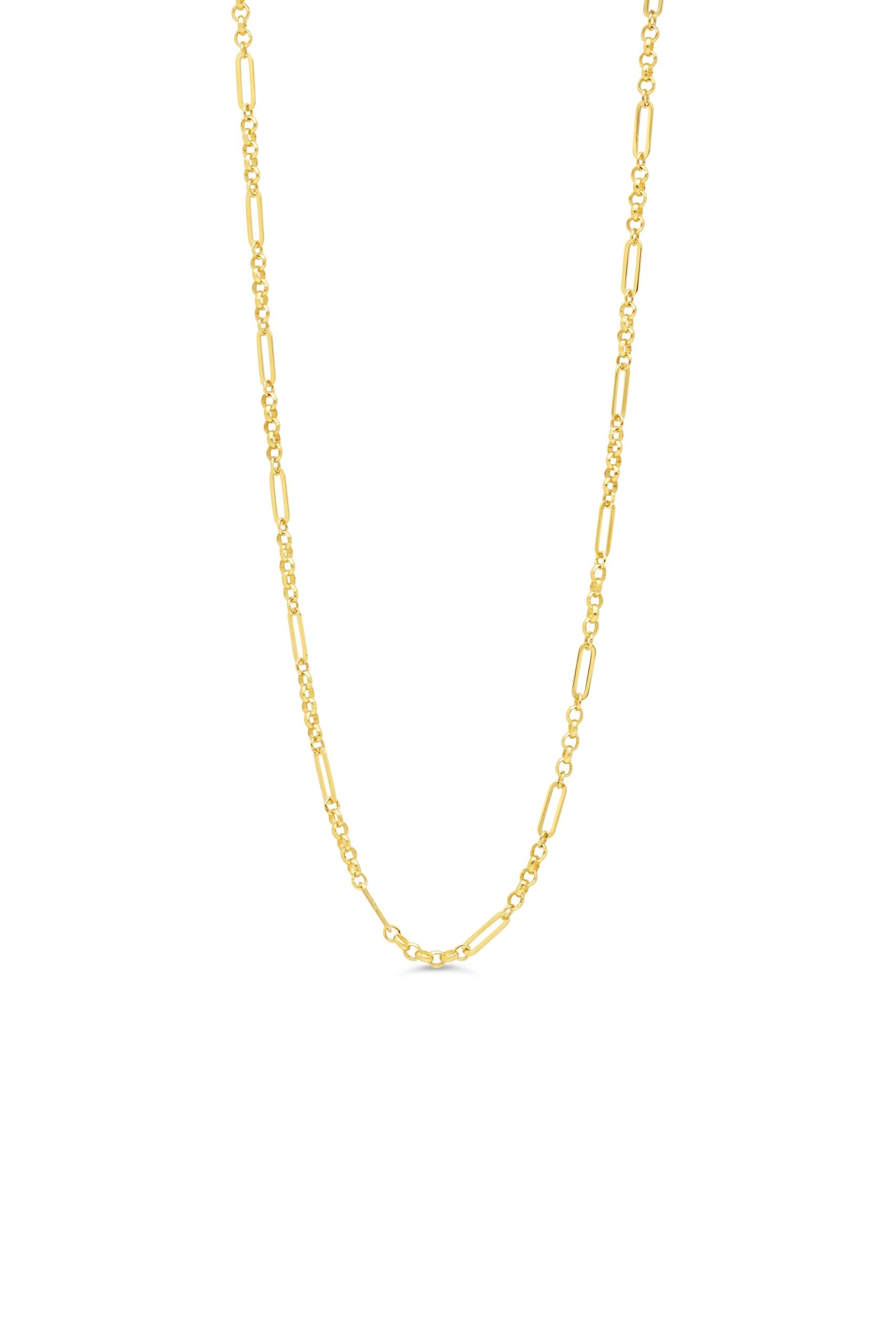 10K yellow gold Figaro chain necklace with alternating polished elongated and round links.