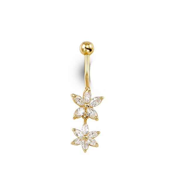 14K yellow gold belly ring with double flower cubic zirconia design, elegant and floral.