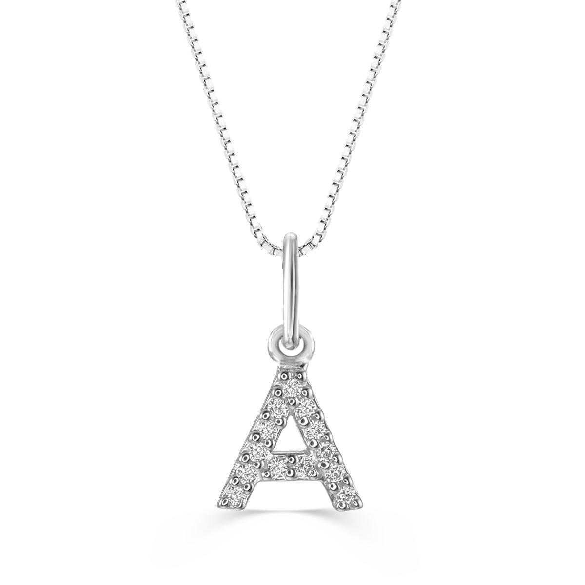 Diamond initial "A" pendant in 10K white gold with 0.05CT diamonds on a cable chain.