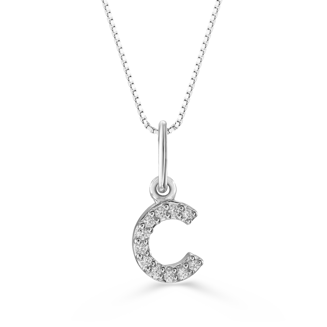 Diamond initial "C" pendant in 10K white gold with 0.04CT diamonds, suspended on a stylish cable chain.