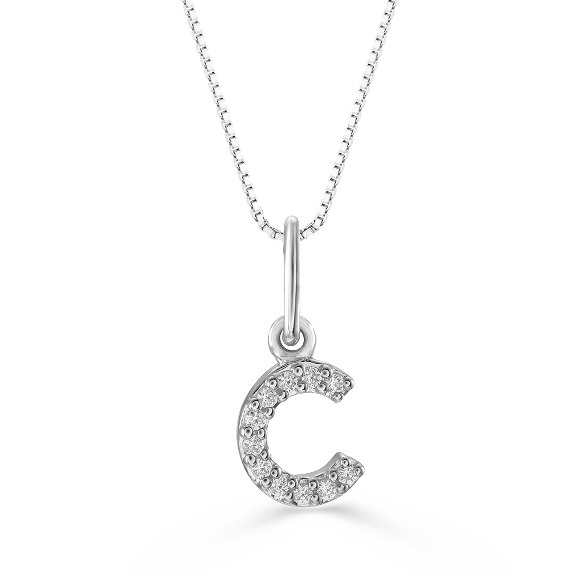 Diamond initial "C" pendant in 10K white gold with 0.04CT diamonds, suspended on a stylish cable chain.
