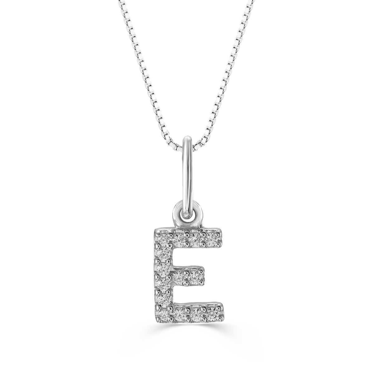 White gold "E" pendant with diamonds on a white gold cable chain, crafted in 10K white gold.