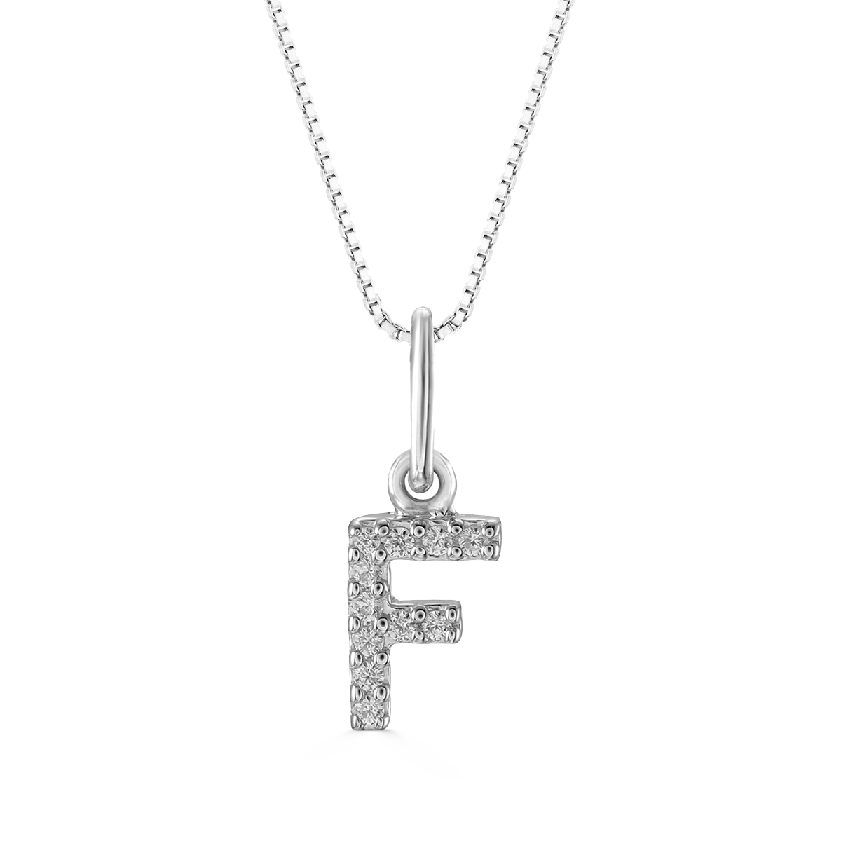 White gold "F" pendant with diamonds on a white gold cable chain, crafted in 10K white gold.