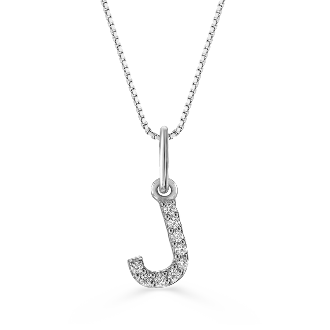 White gold "J" pendant with diamonds on a white gold cable chain, crafted in 10K white gold.