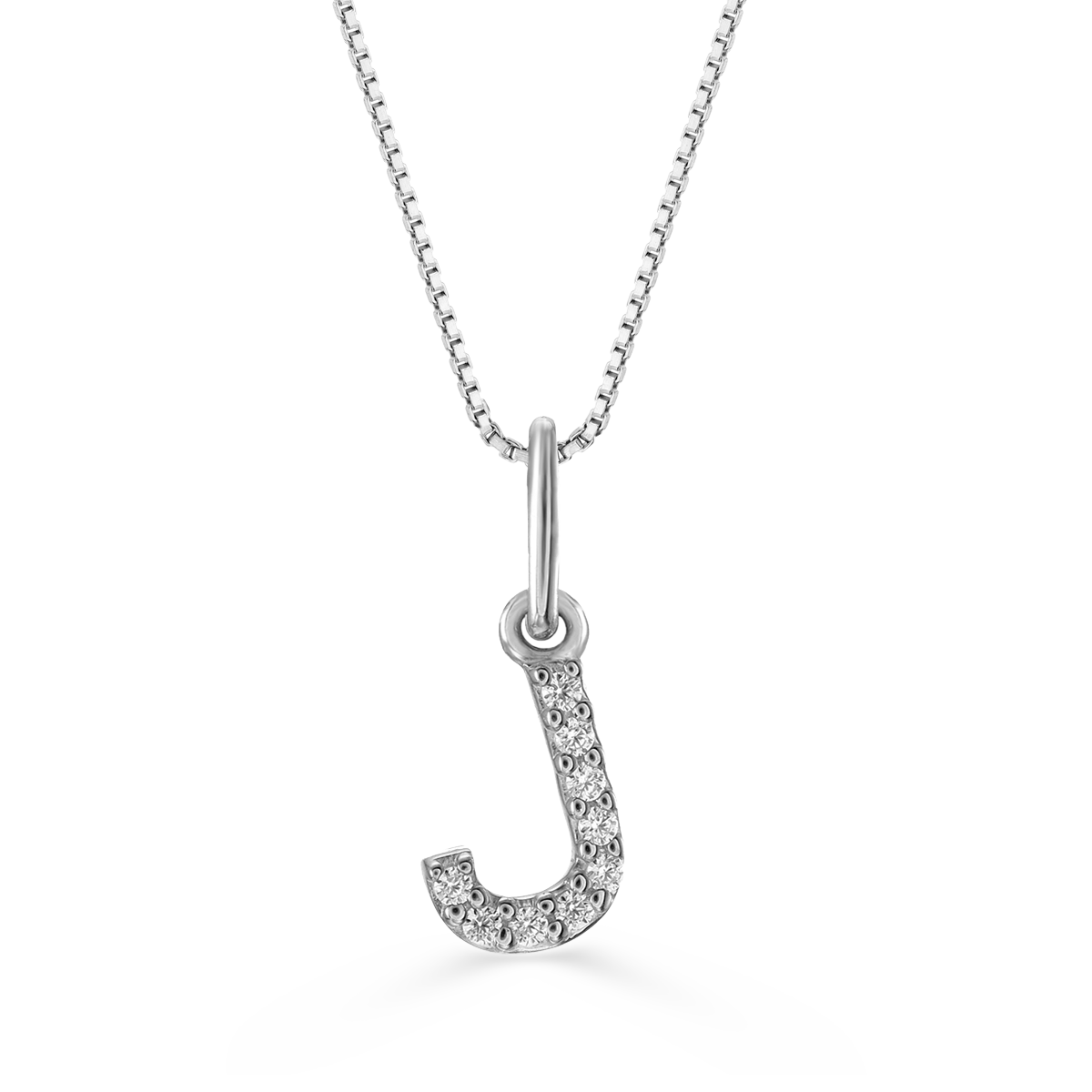 White gold "J" pendant with diamonds on a white gold cable chain, crafted in 10K white gold.