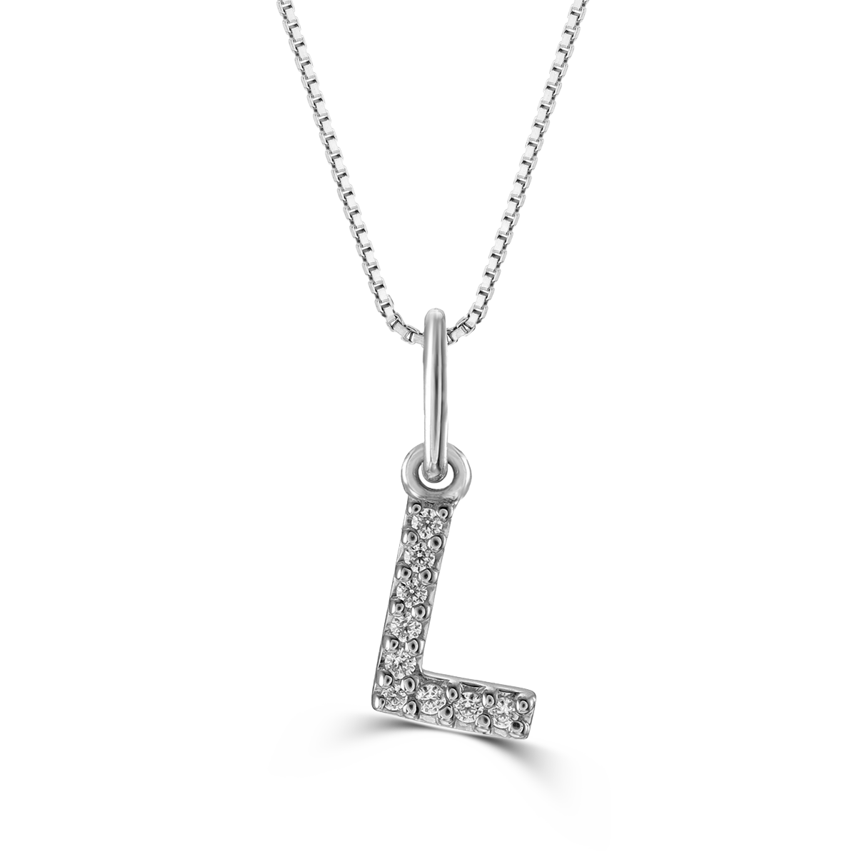 White gold "L" pendant with diamonds on a white gold cable chain, crafted in 10K white gold.