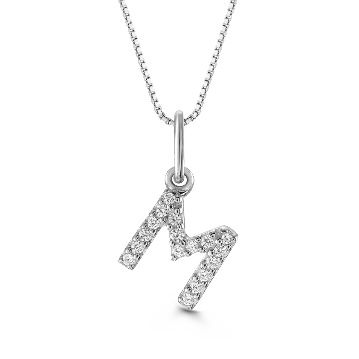 White gold "M" pendant with diamonds on a white gold cable chain, crafted in 10K white gold.