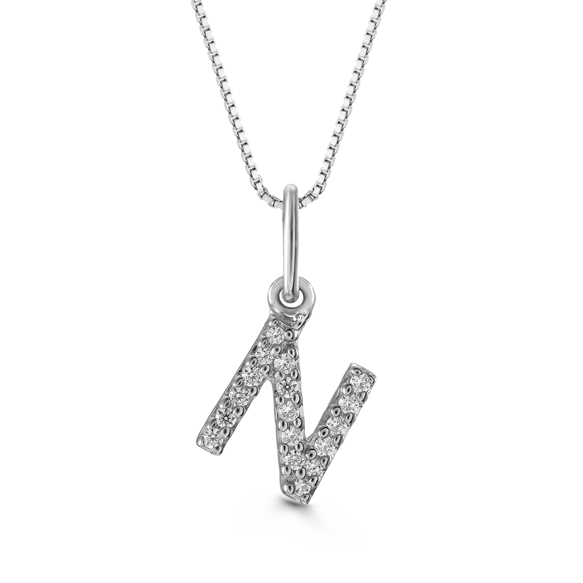White gold "N" pendant with diamonds on a white gold cable chain, crafted in 10K white gold.