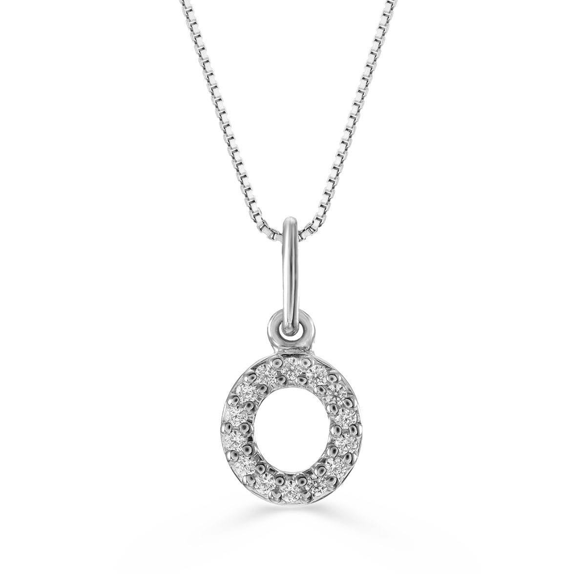 White gold "O" pendant with diamonds on a white gold cable chain, crafted in 10K white gold.
