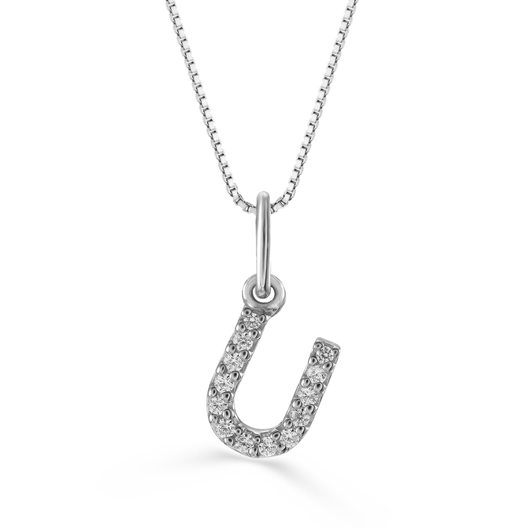 Diamond initial "U" pendant in 10K white gold on a cable chain, featuring sparkling 0.04CT diamonds.