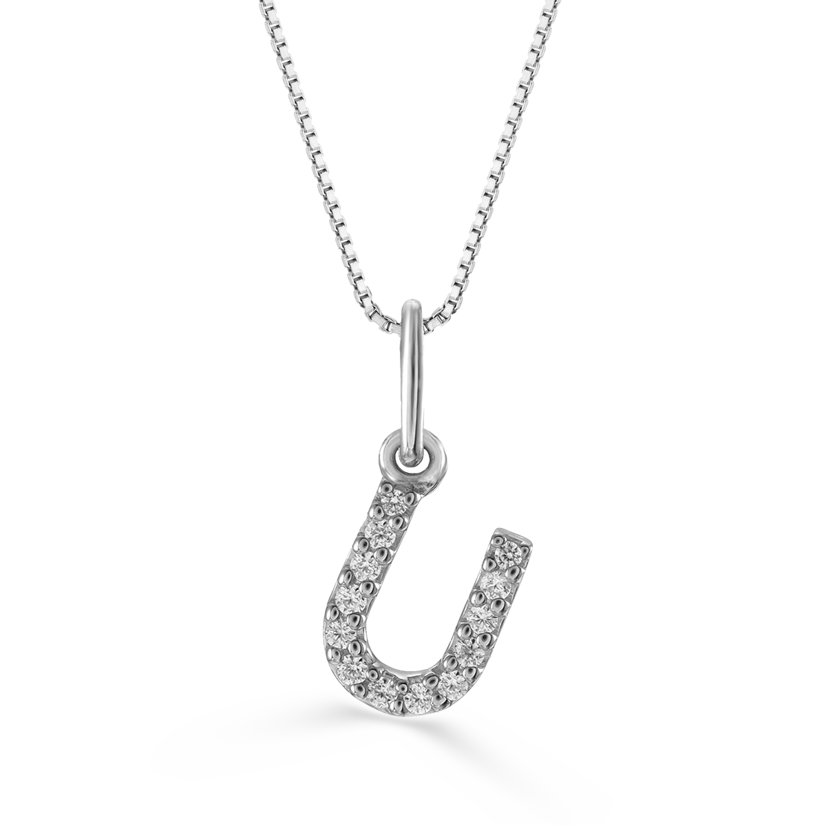 Diamond initial "U" pendant in 10K white gold on a cable chain, featuring sparkling 0.04CT diamonds.