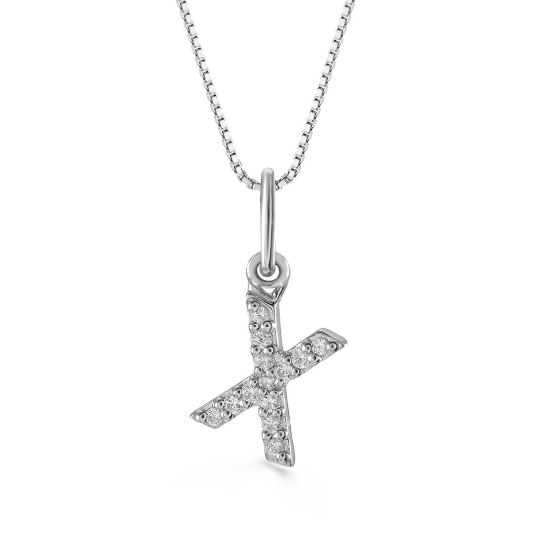 White gold "X" initial pendant with 0.04CT diamonds on a white gold cable chain.