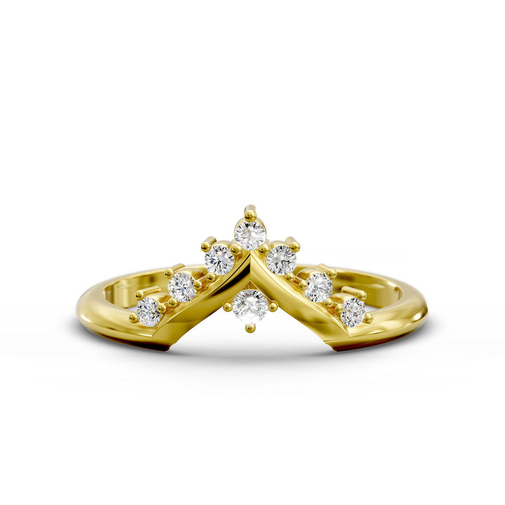 V shaped wishbone gold ring with round diamonds in chevron design