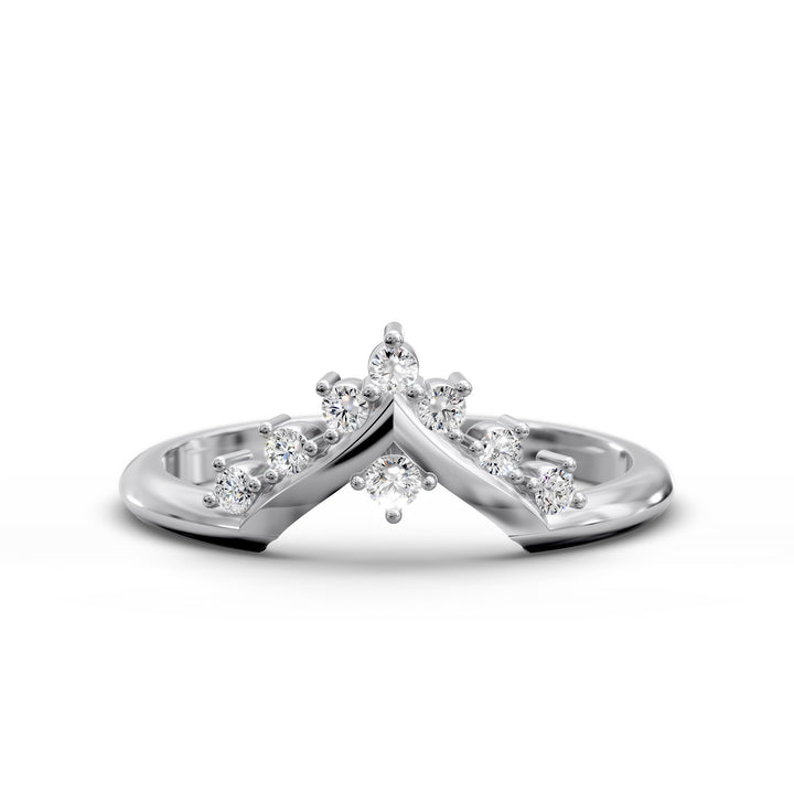 V shaped wishbone gold ring with round diamonds in chevron design