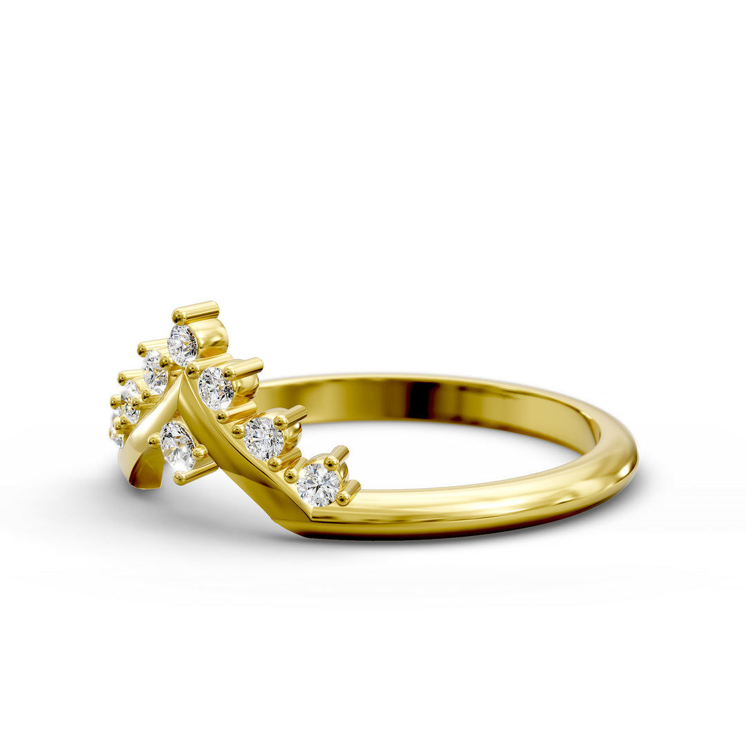 V shaped wishbone gold ring with round diamonds in chevron design