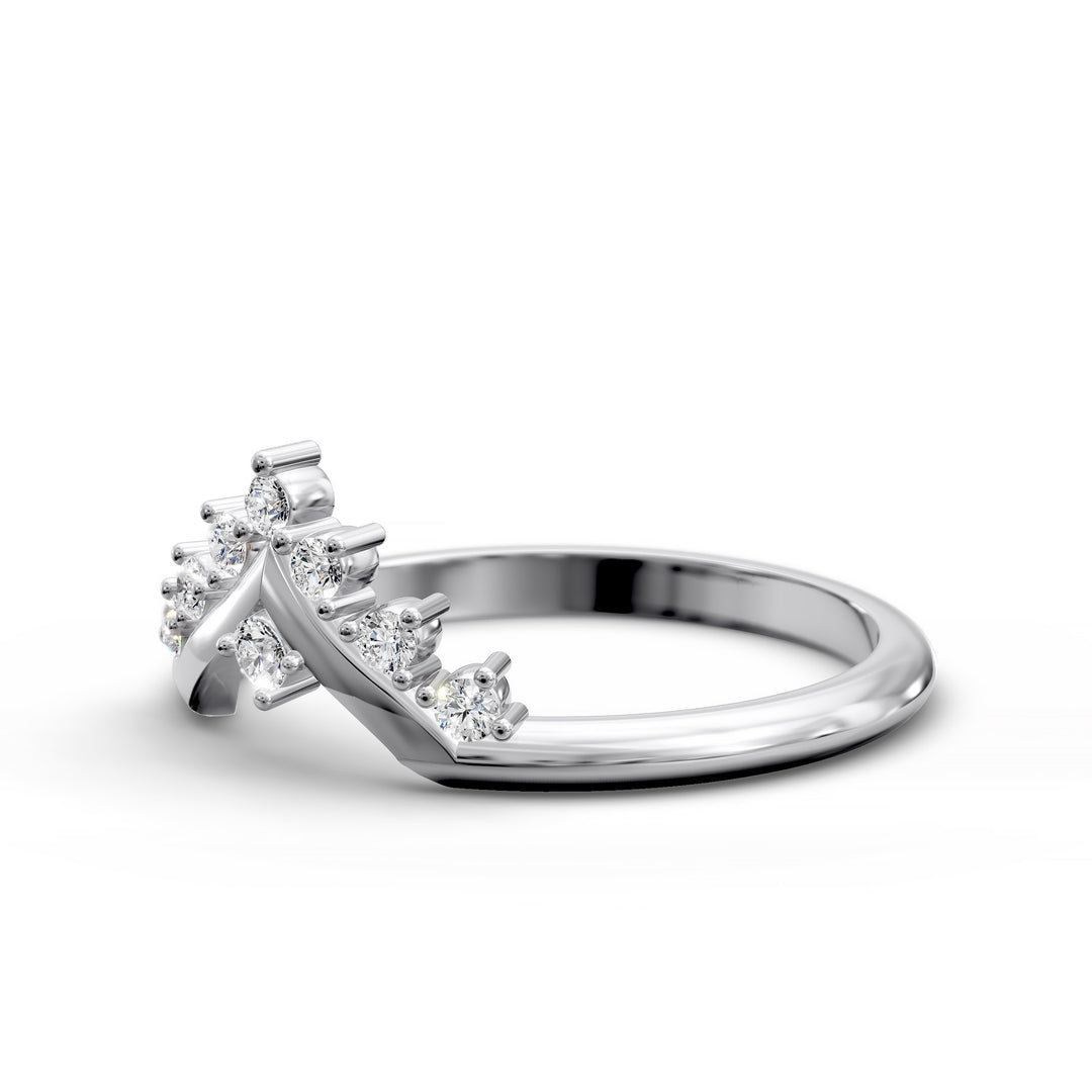 V shaped wishbone gold ring with round diamonds in chevron design