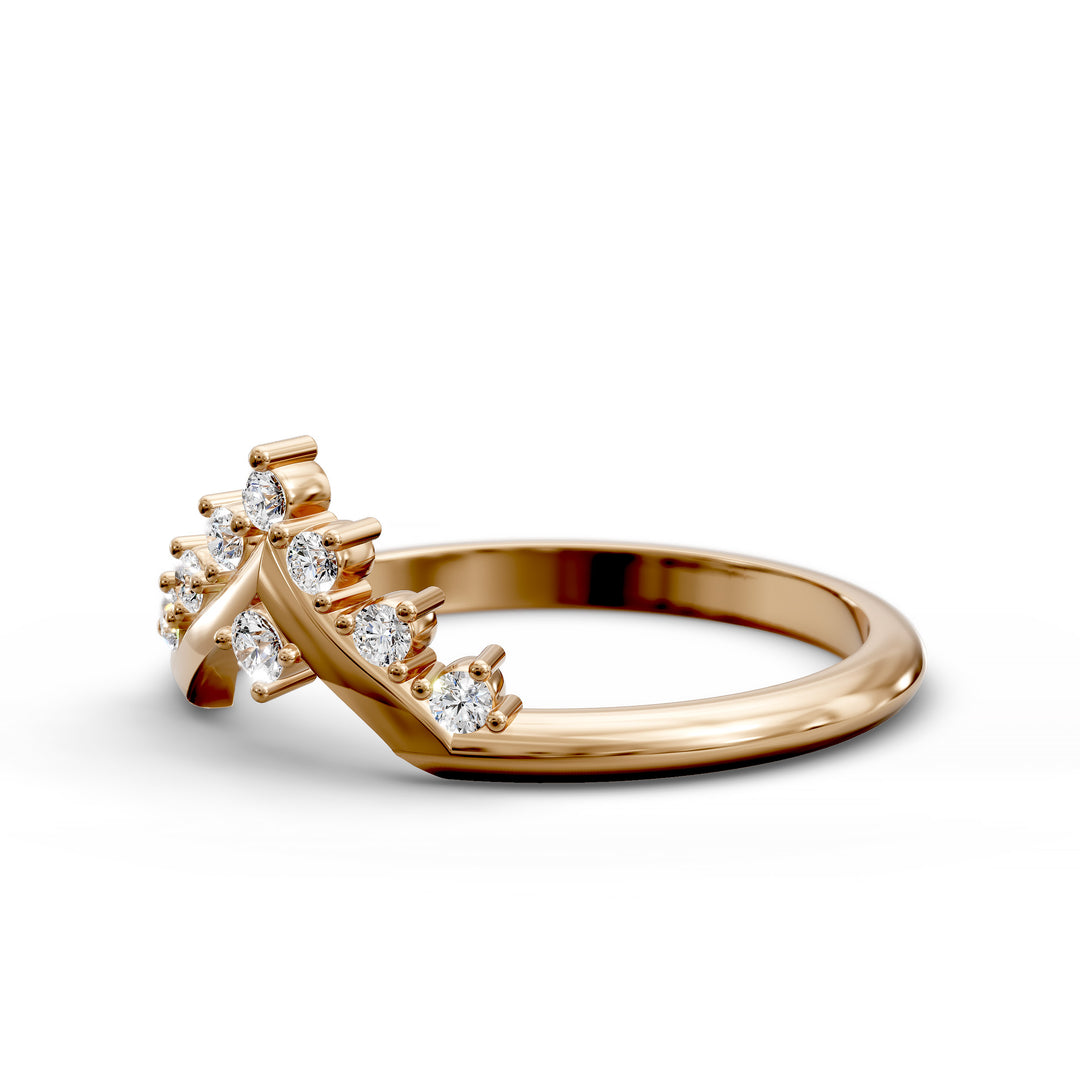 V shaped wishbone gold ring with round diamonds in chevron design