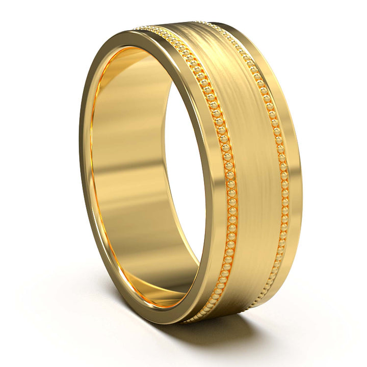 Majestic Beaded Elegance: Men's 8mm Wedding Band with Brushed Center, Polished Edges, and Glistening Pave Setting - A Union of Tradition and Modernity, Customizable Finish and Precious Metals