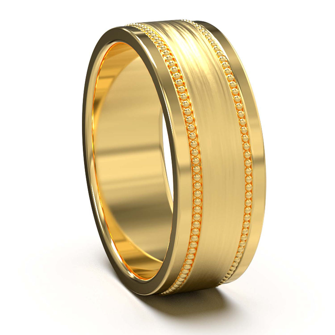 Majestic Beaded Elegance: Men's 8mm Wedding Band with Brushed Center, Polished Edges, and Glistening Pave Setting - A Union of Tradition and Modernity, Customizable Finish and Precious Metals