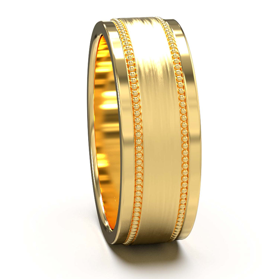 Majestic Beaded Elegance: Men's 8mm Wedding Band with Brushed Center, Polished Edges, and Glistening Pave Setting - A Union of Tradition and Modernity, Customizable Finish and Precious Metals