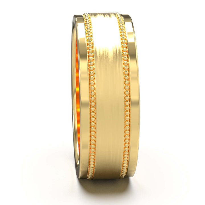 Majestic Beaded Elegance: Men's 8mm Wedding Band with Brushed Center, Polished Edges, and Glistening Pave Setting - A Union of Tradition and Modernity, Customizable Finish and Precious Metals