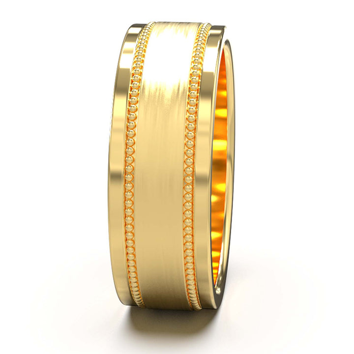 Majestic Beaded Elegance: Men's 8mm Wedding Band with Brushed Center, Polished Edges, and Glistening Pave Setting - A Union of Tradition and Modernity, Customizable Finish and Precious Metals