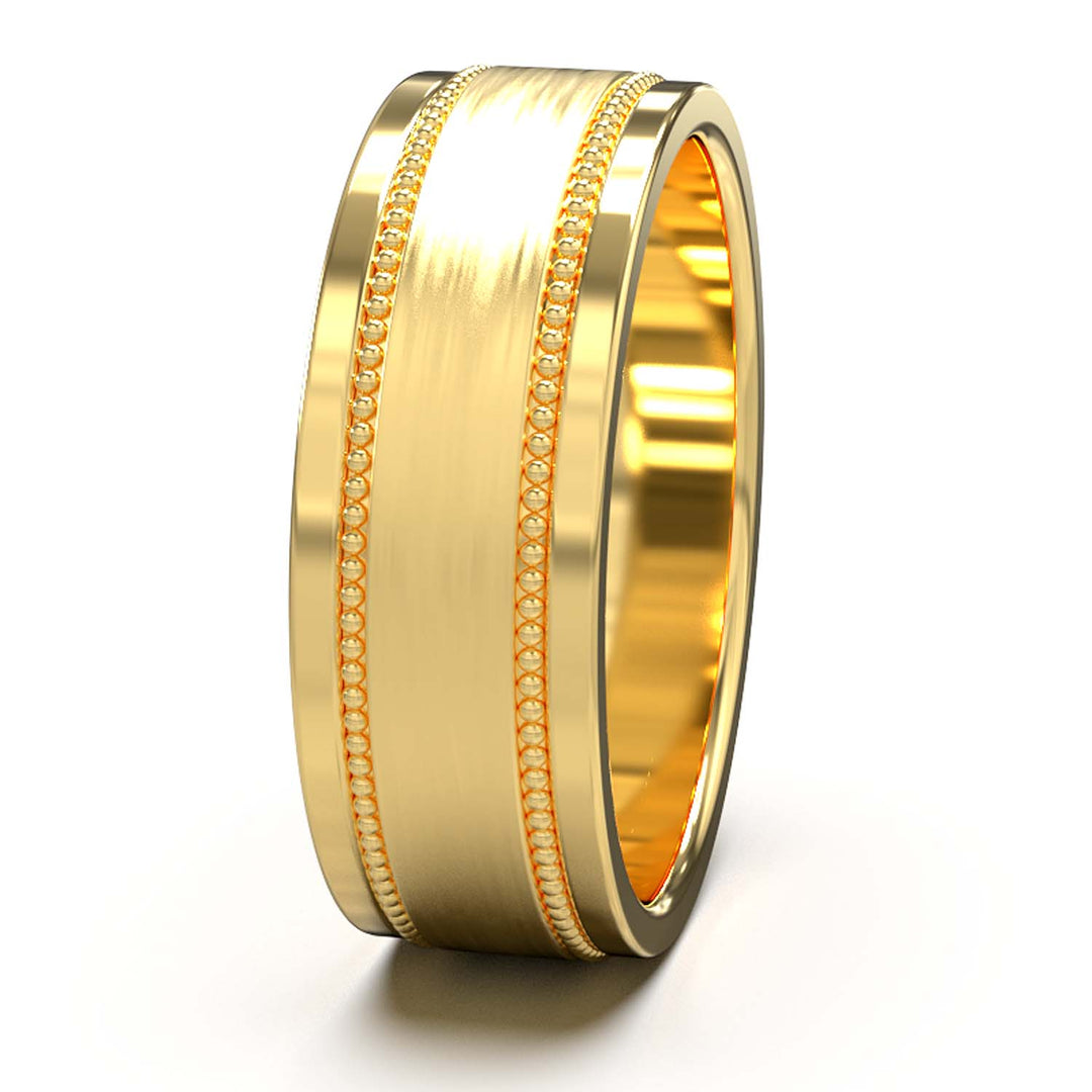 Majestic Beaded Elegance: Men's 8mm Wedding Band with Brushed Center, Polished Edges, and Glistening Pave Setting - A Union of Tradition and Modernity, Customizable Finish and Precious Metals