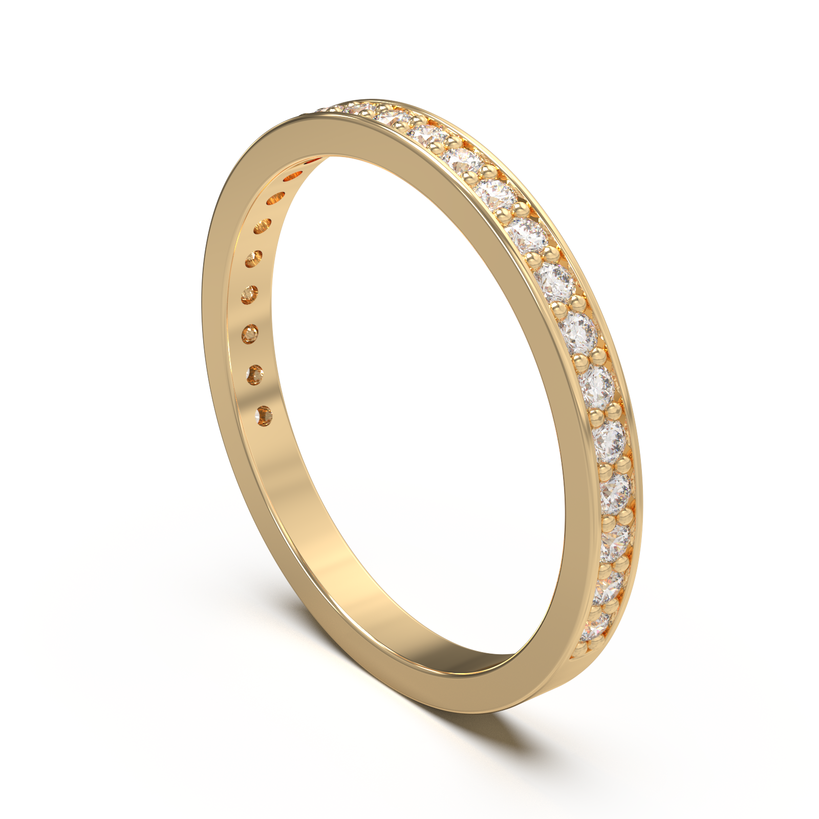 Shiny lab diamond band with channel setting, offered in different gold colors and platinum options.