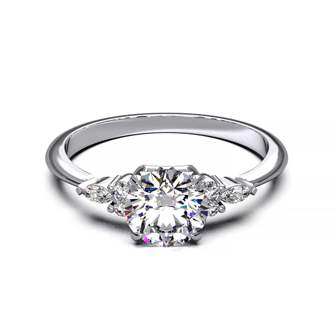 Elegant 0.6ct Round Lab-Grown Diamond Engagement Ring with Side Marquise and Round Accents.