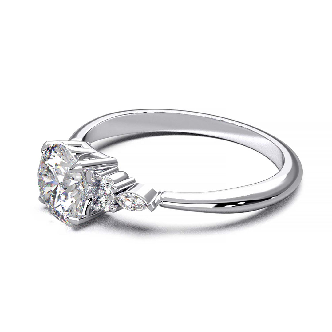 Elegant 0.6ct Round Lab-Grown Diamond Engagement Ring with Side Marquise and Round Accents.