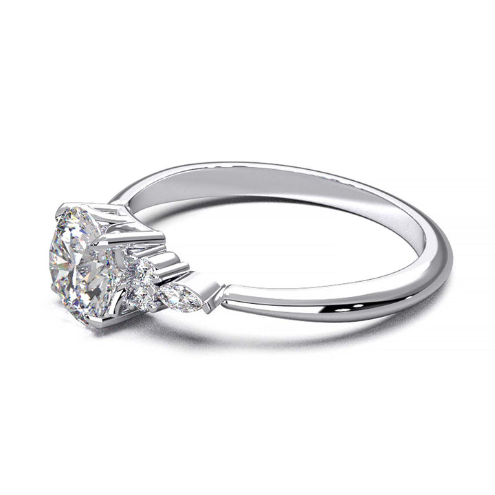 Elegant 0.6ct Round Lab-Grown Diamond Engagement Ring with Side Marquise and Round Accents.