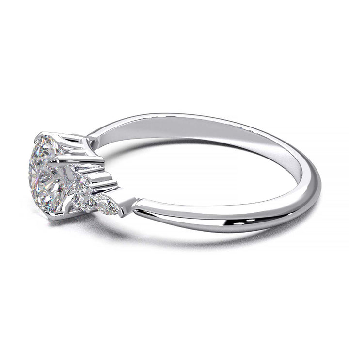 Elegant 0.6ct Round Lab-Grown Diamond Engagement Ring with Side Marquise and Round Accents.