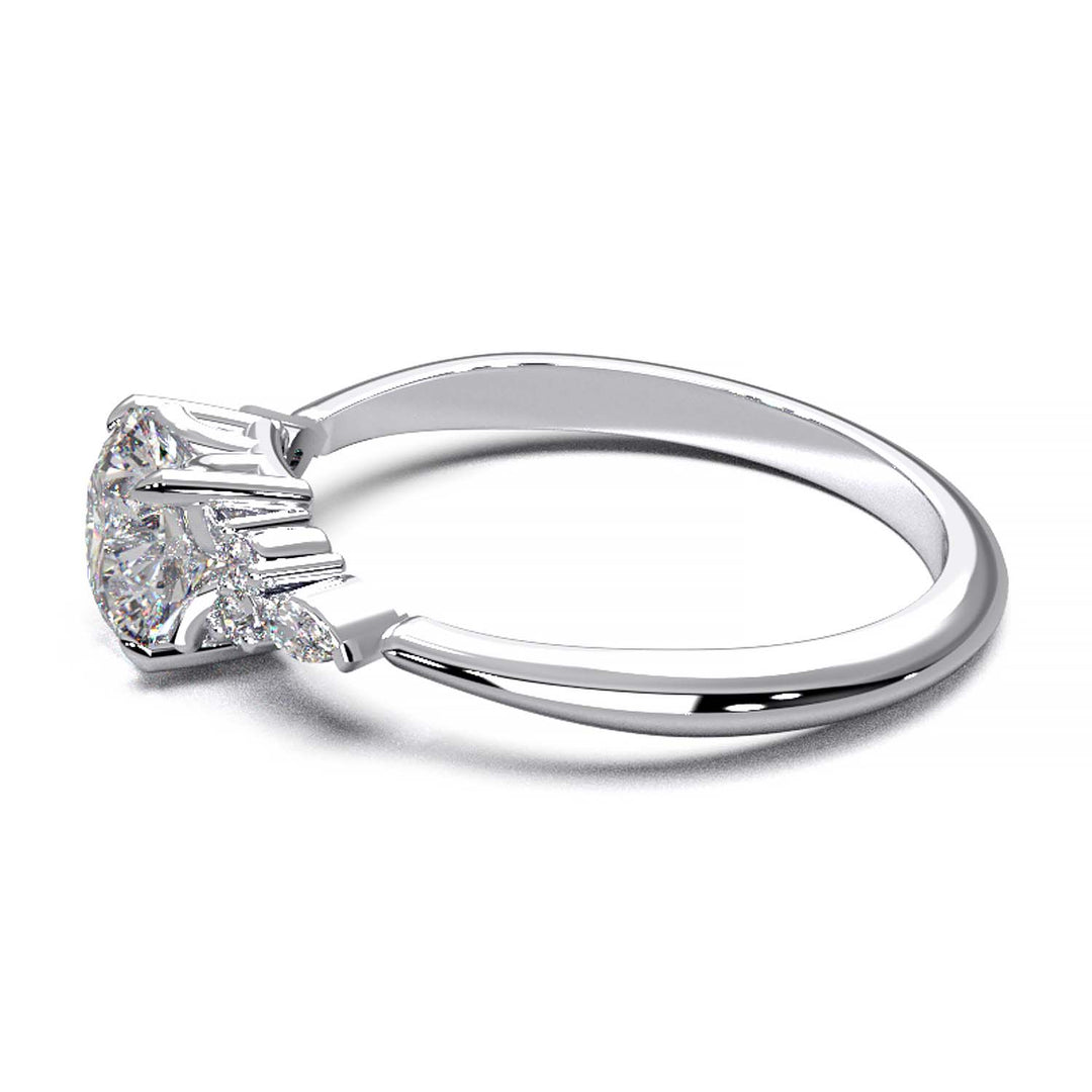 Elegant 0.6ct Round Lab-Grown Diamond Engagement Ring with Side Marquise and Round Accents.