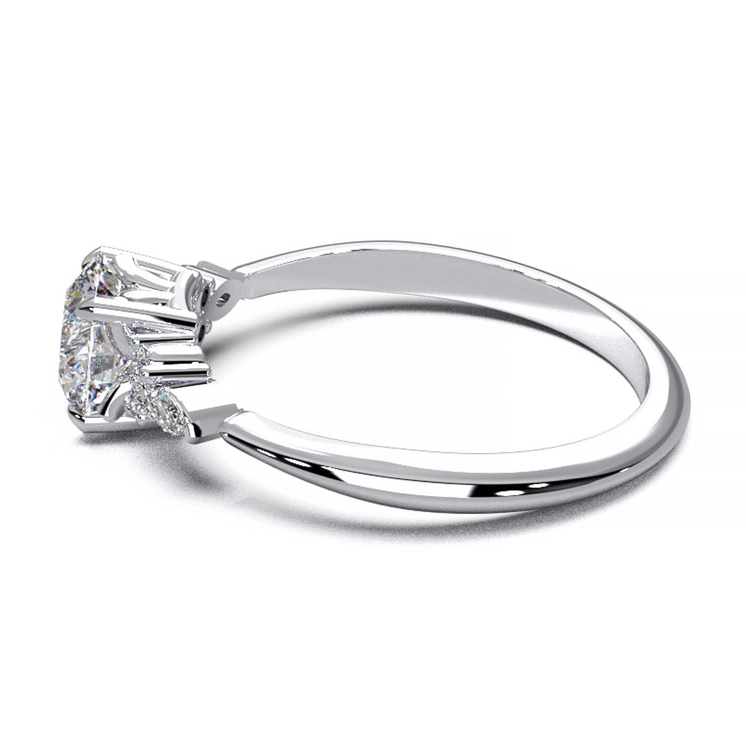 Elegant 0.6ct Round Lab-Grown Diamond Engagement Ring with Side Marquise and Round Accents.