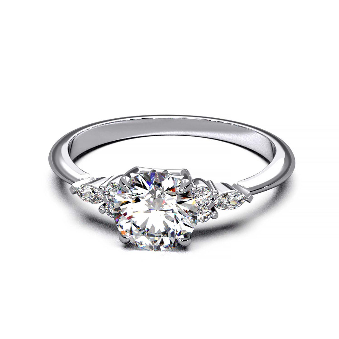 Elegant 0.6ct Round Lab-Grown Diamond Engagement Ring with Side Marquise and Round Accents.