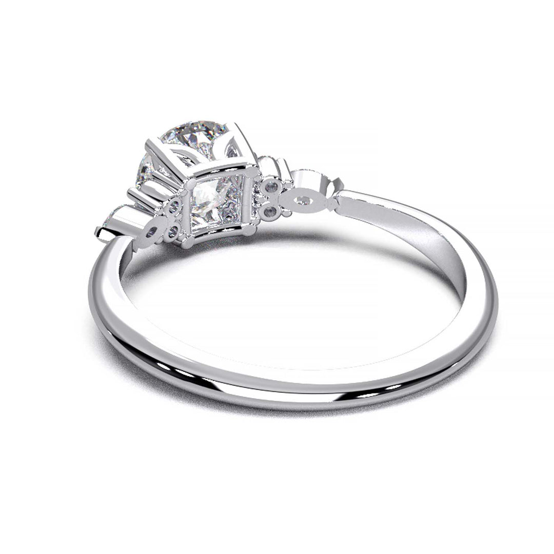 Elegant 0.6ct Round Lab-Grown Diamond Engagement Ring with Side Marquise and Round Accents.