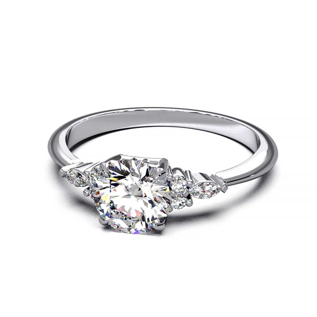 Elegant 0.6ct Round Lab-Grown Diamond Engagement Ring with Side Marquise and Round Accents.