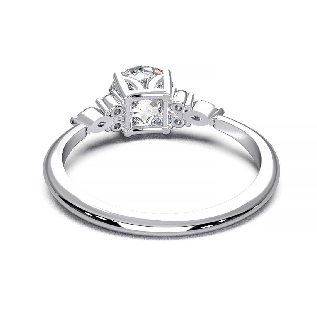 Elegant 0.6ct Round Lab-Grown Diamond Engagement Ring with Side Marquise and Round Accents.