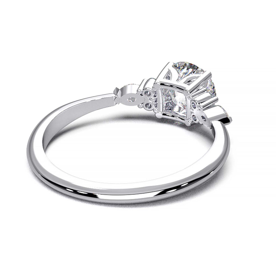 Elegant 0.6ct Round Lab-Grown Diamond Engagement Ring with Side Marquise and Round Accents.