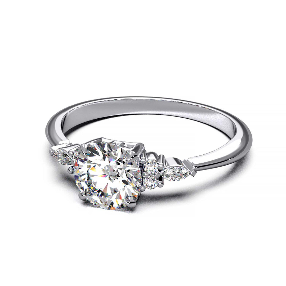 Elegant 0.6ct Round Lab-Grown Diamond Engagement Ring with Side Marquise and Round Accents.