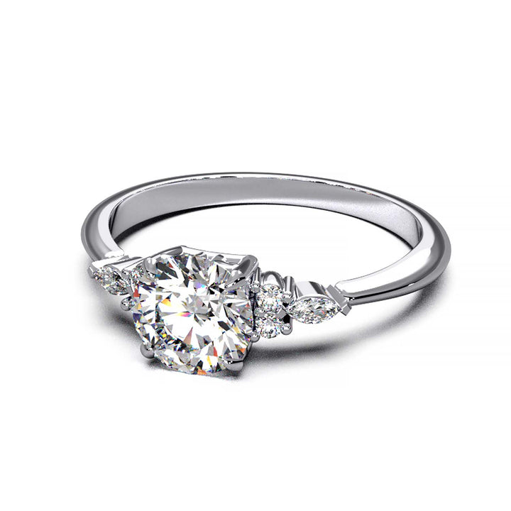 Elegant 0.6ct Round Lab-Grown Diamond Engagement Ring with Side Marquise and Round Accents.