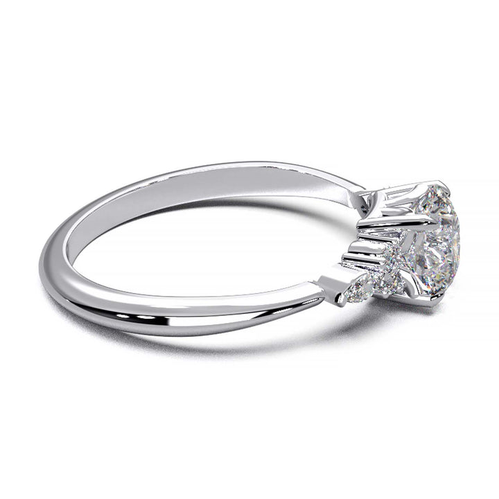 Elegant 0.6ct Round Lab-Grown Diamond Engagement Ring with Side Marquise and Round Accents.