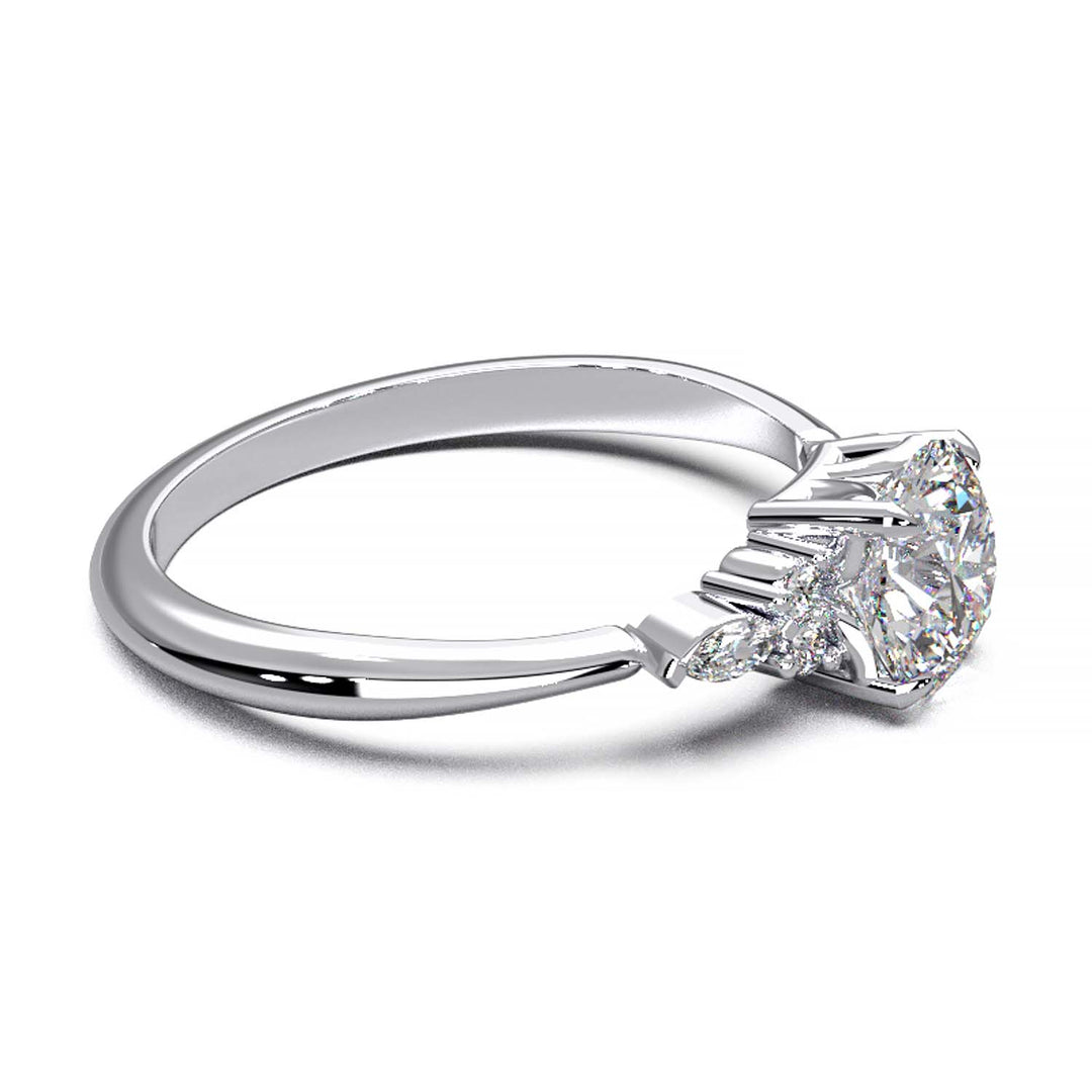 Elegant 0.6ct Round Lab-Grown Diamond Engagement Ring with Side Marquise and Round Accents.