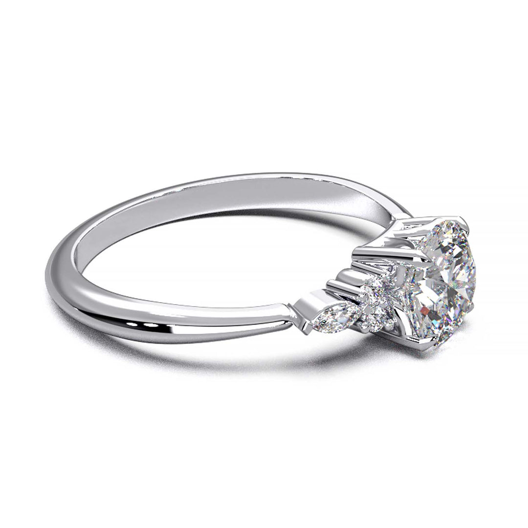 Elegant 0.6ct Round Lab-Grown Diamond Engagement Ring with Side Marquise and Round Accents.