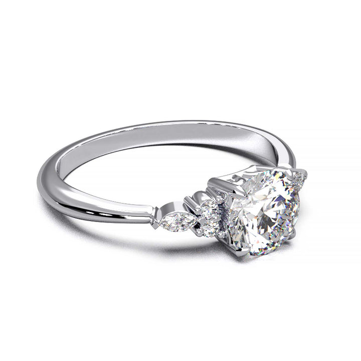 Elegant 0.6ct Round Lab-Grown Diamond Engagement Ring with Side Marquise and Round Accents.