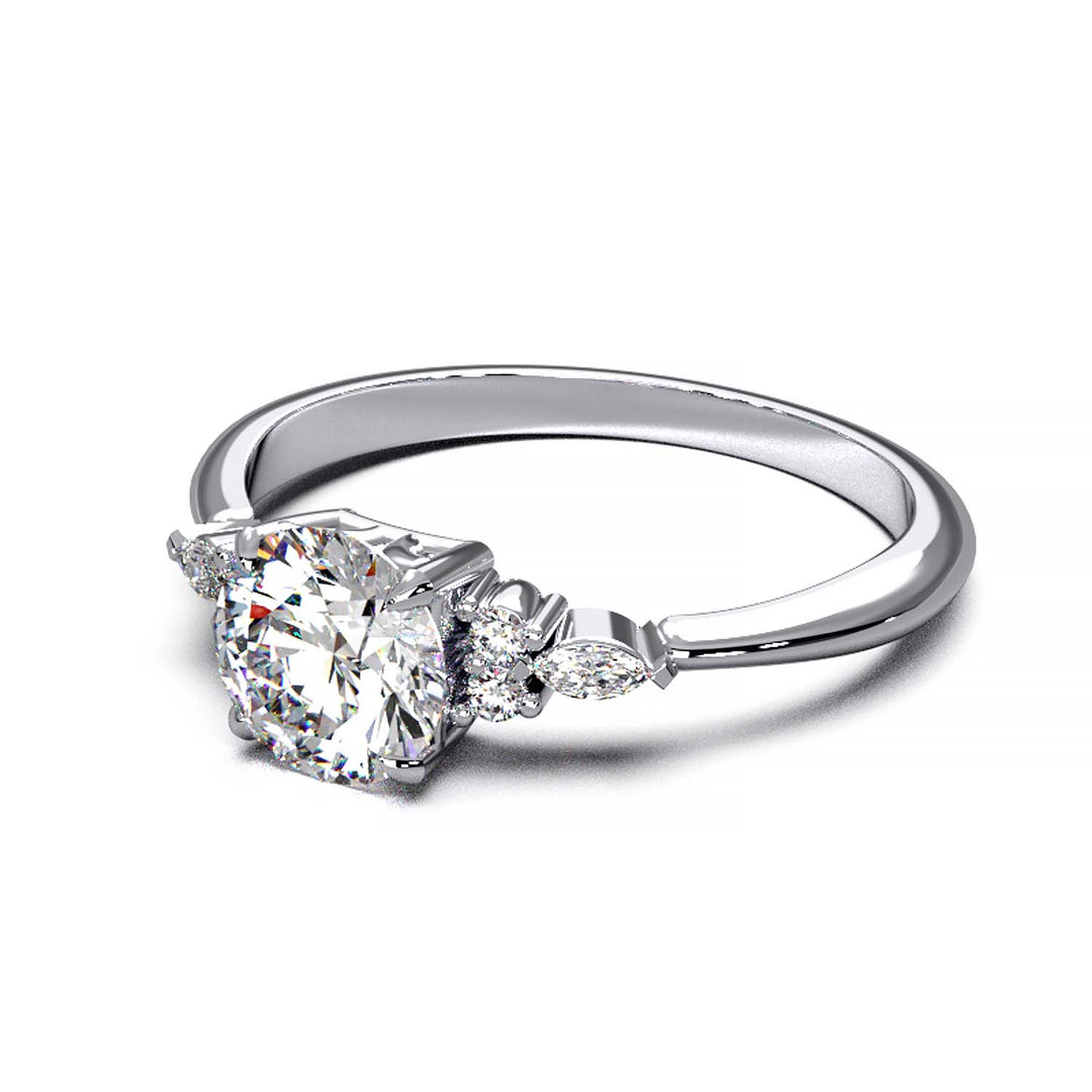 Elegant 0.6ct Round Lab-Grown Diamond Engagement Ring with Side Marquise and Round Accents.