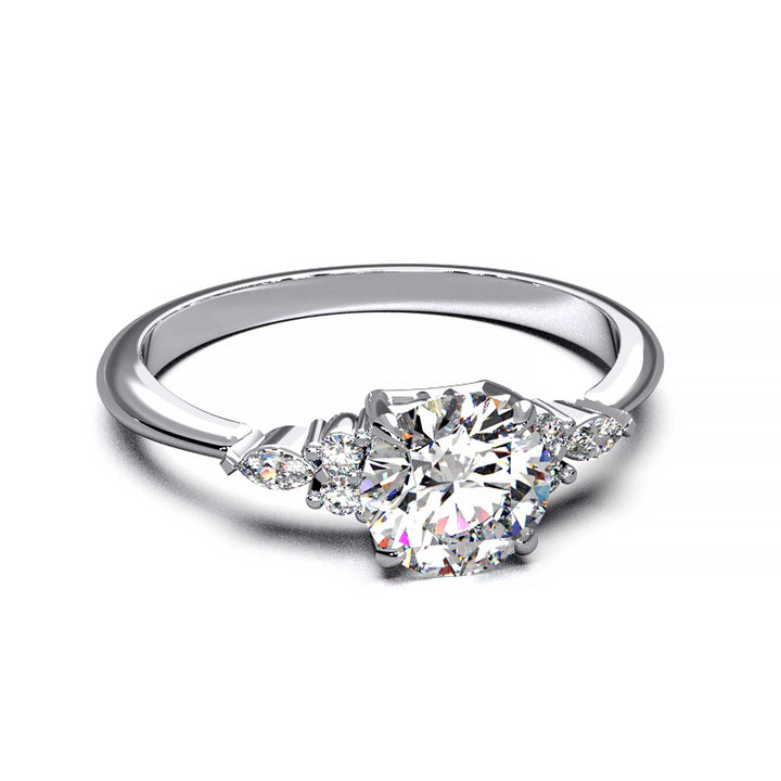 Elegant 0.6ct Round Lab-Grown Diamond Engagement Ring with Side Marquise and Round Accents.